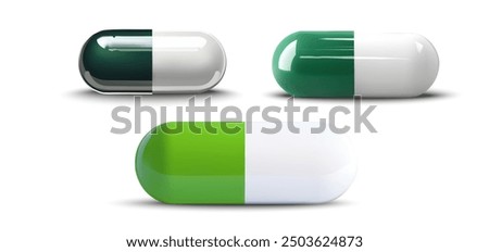 Collection of three green and white capsules, presented in a high-resolution 3D vector. Medical pills are isolated on a white background, ideal for pharmaceutical marketing, healthcare visuals.