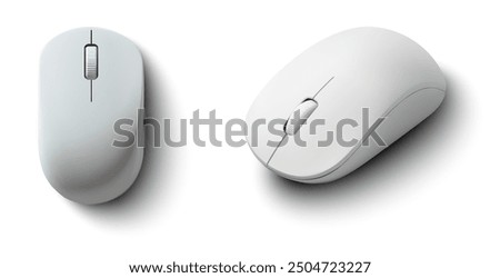 Set of two minimalist white wireless mice displayed from different angles, isolated on a white background. The sleek and ergonomic design makes these devices perfect for technology products. Vector