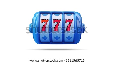  Vector illustration of a slot machine reel displaying triple sevens in blue and red colors, symbolizing a jackpot win in gambling. Perfect for concepts related to luck, gaming, and casinos.