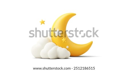 3D vector illustration of a crescent moon surrounded by clouds and stars in soft yellow and white tones. Ramadan Kareem banner, template header for website.