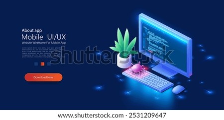 Isometric vector illustration of a computer screen displaying code with a keyboard and mouse. A pink bug is crawling on the keyboard, symbolizing a cyberattack or malware. Code bug concept.