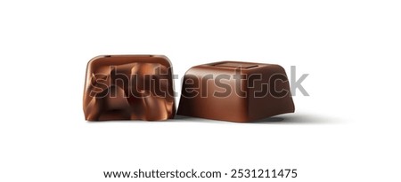 Two square-shaped chocolate pralines isolated on a white background. One praline has a smooth surface, while the other has a textured design, offering a tempting view of delicious and rich chocolate.