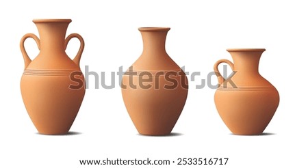 Three 3d terracotta clay pots of different sizes and shapes in a traditional style. Perfect for projects related to pottery, art, home decor, or cultural and historical themes. Vector illustration