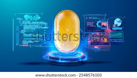 A vibrant 3D vector illustration of a glowing golden capsule surrounded by holographic data interfaces, representing advanced technology, healthcare, or innovation in medical science