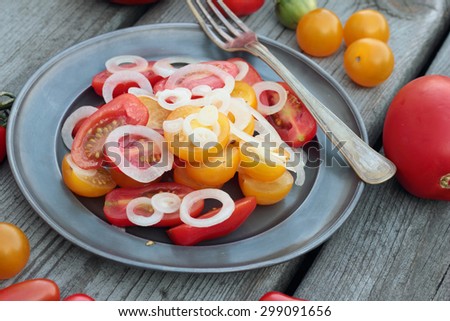 Just prepared tomato and onion salad on a tin plate.