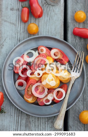 Just prepared tomato and onion salad on a tin plate.