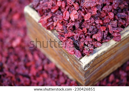 Dried cornus fruit and corni close-up, various medicinal herbs of traditional oriental medicine