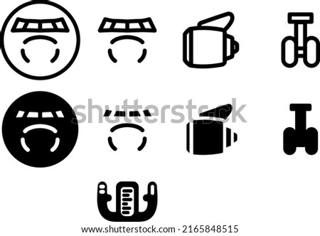 Small airplane-themed icon pack with icons for airplane passenger jet front windshield and nose, engine, wheels, and yoke