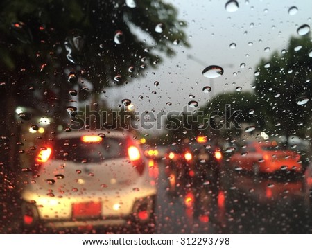 Outside the car in the rain day. Very Traffic jam