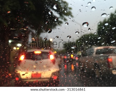 Outside the car in the rain day. Very Traffic jam