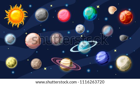 Solar system vector cartoon collection. Planets, moons of Earth, Jupiter and other planet of Solar system, with asteroids, Sun and planet rings. Set of cartooning planets of Solar system, space vector