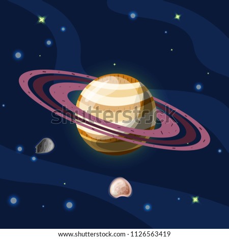 Saturn, vector cartoon illustration. Planet Saturn with rings, planet of Solar system in dark deep blue space, isolated on blue background