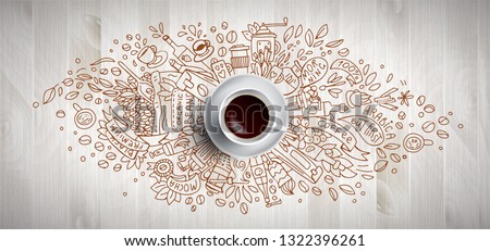 Coffee concept on wooden background - white coffee cup, top view with doodle illustration about coffee, beans, morning, espresso in cafe, breakfast. Morning coffee vector illustration. Hand draw and