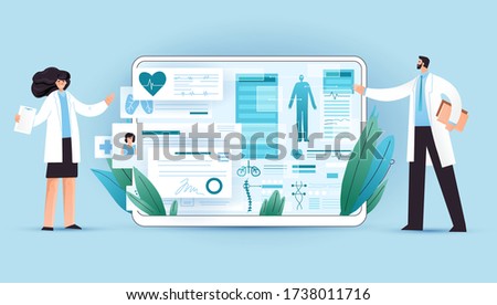 Medical full body screening results on tablet, healthcare device with professional doctors explaining it. Professional medical test for patient using medical apps on a digital tablet, vector concept