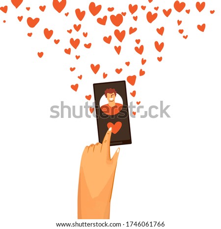 Vector flat illustration of human hand giving love and swiping right on dating app. Romantic and love finder in smartphone. Online chat and dating concept