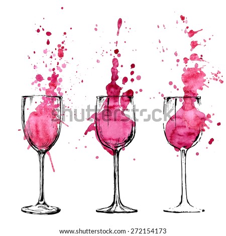 Set of wineglasses with splashes of wine, pouring inside. Art wine expressive splashes in hand drawn glasses, vector collection isolated on white. Red wine vector artistic watercolor illustration