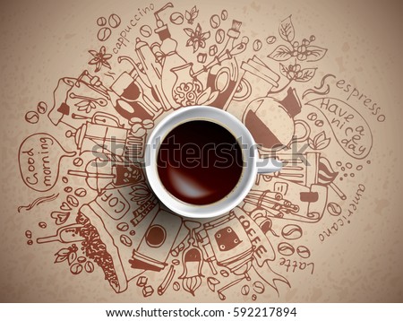 Coffee doodle concept - sketch illustration about coffee time. Vector coffee background with doodle sketch illustration of cafe beans, beverage details - cup, pot, glass, cinnamon, syrup for Cafe menu
