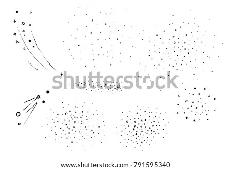 Hand draw starry elements. Stars cluster, falling stars. Sketched vector elements for universe and astrology illustration, cartoon style.