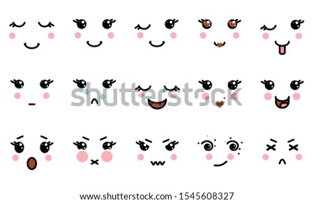 A set of kawaii of different persons: love, anger, contented, cry, surprise, laughter, kiss, discontent, hypnosis, fascinated, unpleasant, squinted, disgusted. Element vector flat illustration, stock