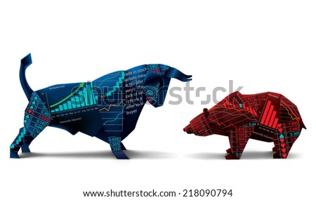 Bull and bear shapes that look like made of origami paper with symbols of stock market trends on them. Vector illustration.