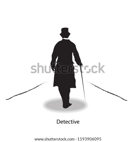 Detective investigator man wear hat walk along the way silhouette isolate on white background vector illustration.