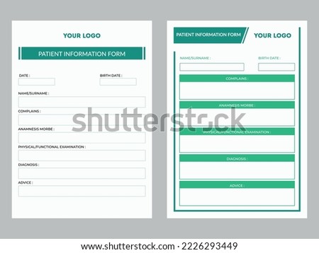 template medical form. Medical marks report, appointment drugs, healthcare concept. Patient information form