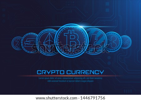 famous cryptocurrency coins artwork with texts , Vector illustrator