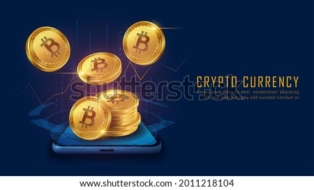 Bitcoin cryptocurrency with pile of coins come out from smartphone, Vector illustrator