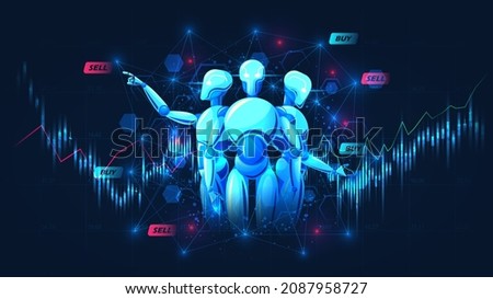 Graphic of Artificial intelligence trading crypto currency by snalyzing all indicators, Vector illustration