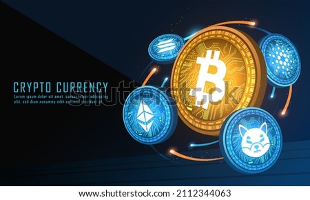 Bitcoin crypto currency flying with alt coin flying around concept.
