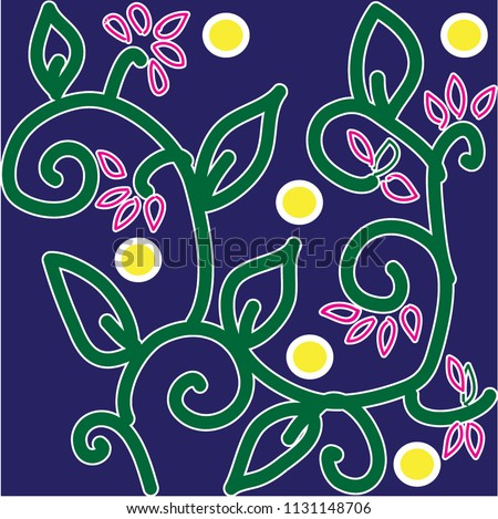 Branch of green ivy and pink flowers pattern on dark blue background.