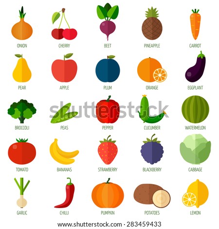 Colorful flat fruits and vegetables icons set. Template for cooking, restaurant menu and vegetarian food