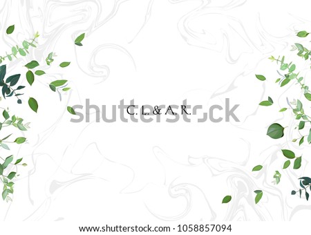 Herbal minimalistic vector frame. Green leaves on white marbled background. Greenery wedding invitation. Watercolor style. Natural horizontal card design. All elements are isolated and editable.