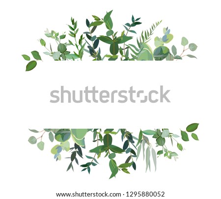 Horizontal botanical vector design banner. Eucalyptus, wildflowers, various plants, leaves and herbs.Natural card or frame. Greenery wedding simple invitation. Watercolor style. Isolated and editable 