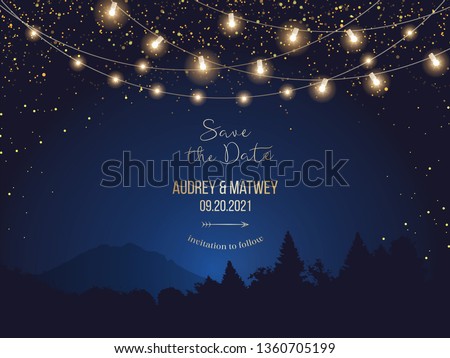 Magic night wedding lights vector design invitation. Party hanging lamp garlands. Landscape blue background. Gold stars and glow. Golden scattered dust. Midnight fairytale card.Isolated and editable