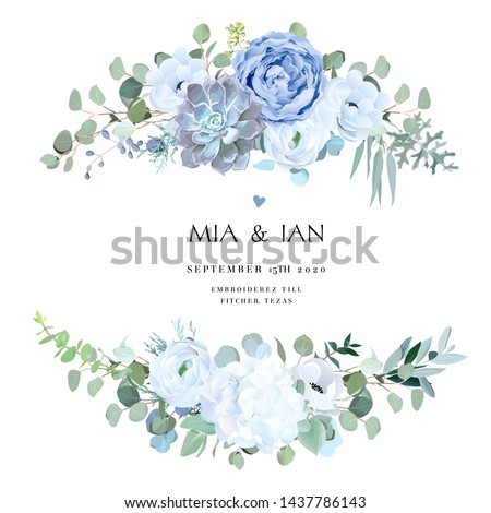 Dusty blue rose, echeveria succulent, white hydrangea, ranunculus, anemone, eucalyptus, juniper vector design wedding bouquets.Seasonal flower card.Floral square composition.Isolated and editable