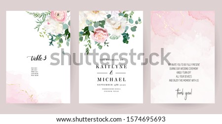 Elegant wedding cards with pink watercolor texture and spring flowers. White peony, pink ranunculus, dusty rose, eucalyptus, greenery. Floral vector design frame.All elements are isolated and editable