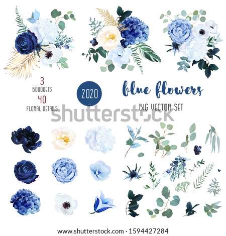 Classic blue, white rose, white hydrangea, ranunculus, campanula, anemone, peony, thistle flowers,greenery and eucalyptus,berry, juniper big vector set.Trendy color collection. Isolated and editable