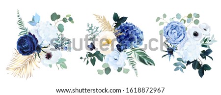 Classic blue, white rose, white hydrangea, ranunculus, anemone, thistle flowers, greenery and eucalyptus, juniper, gold tropical leaves vector bouquets.Trendy color collection. Isolated and editable