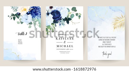 Classic blue, white rose, white hydrangea, ranunculus, anemone, thistle flowers, greenery and eucalyptus, juniper, gold tropical leaves vector design set.Trendy color collection. Isolated and editable