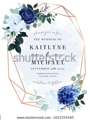 Royal blue rose,  white hydrangea, anemone, eucalyptus, juniper vector design frame.Stylish pink gold geometry. Watercolor style.Wedding seasonal flower card. Floral composition. Isolated and editable