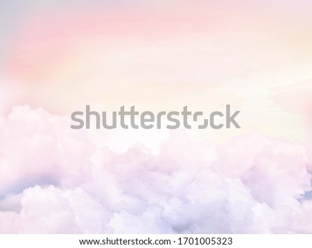 Sugar cotton pink clouds vector design background. Glamour fairytale backdrop. Plane sky view with stars and sunset. Watercolor style texture. Delicate card. Elegant decoration. Fantasy pastel color