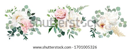 Blush pink rose and sage greenery, ivory peony, hydrangea, ranunculus flowers, eucalyptus vector floral bunches. Floral pastel watercolor style wedding bouquets. All elements are isolated and editable