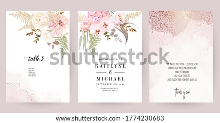Dusty pink and ivory beige rose, pale hydrangea, fern, dahlia, ranunculus, fall leaf bunch of flowers invitation card. Floral pastel watercolor style wedding frame. Bronze gold. Isolated and editable