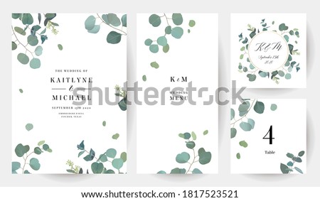Herbal eucalyptus selection vector frames. Hand painted branches, leaves on white background. Greenery wedding simple minimalist  invitations. Watercolor style cards.Elements are isolated and editable