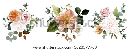 Dusty yellow, blush pink and white rose, lily, pale tulip, fall garden flowers, eucalyptus, greenery vector design. Wedding autumn dried floral bouquet collection. Elements are isolated and editable
