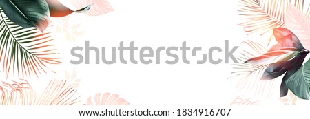 Tropical banner arranged from exotic and golden glitter leaves. Paradise plants, greenery and palm card. Stylish fashion frame. Sunset light. Wedding design. Leaves are not cut. Isolated and editable