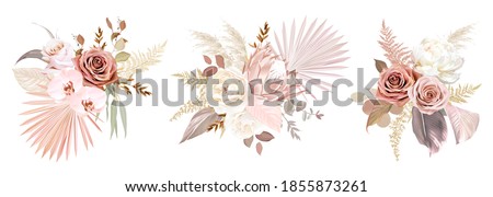 Trendy dried palm leaves, blush pink and rust rose, pale protea, white ranunculus, pampas grass vector wedding bouquet.Trendy flower. Beige, gold, brown, rust, taupe.Elements are isolated and editable