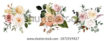 Rust orange and blush pink antique rose, beige and pale flowers, creamy dahlia, peony, ranunculus, lily, fall leaves wedding vector bouquets. Floral pastel watercolor arrangement.Isolated and editable
