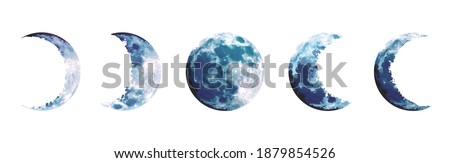 Magic blue moon phases vector design set. Round shaped celestial collection. Dusty blue and navy colors. Fairytale magic watercolor style objects. Science set. All elements are isolated and editable